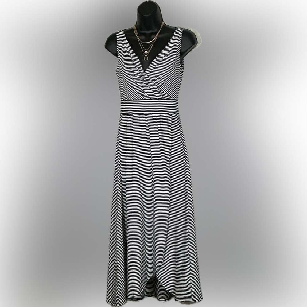 Lands' End Navy and White Striped Sleeveless Wrap Maxi Dress